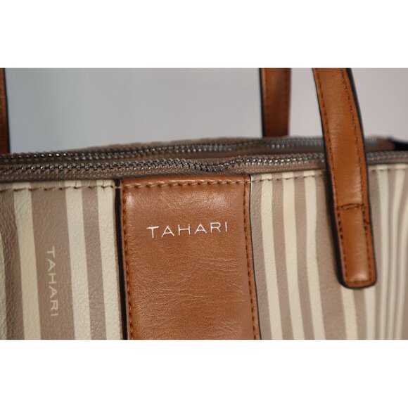 Tahari Brown & Tan‎ Striped Tote Bag with Dual Handles & Adjustable - Picture 3 of 9